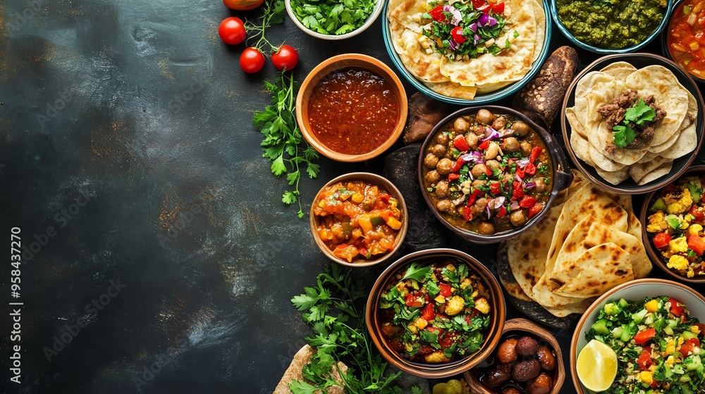 Middle Eastern Cuisine with Various Dishes and Dips Middle Eastern Cuisine with Various Dishes and Dips