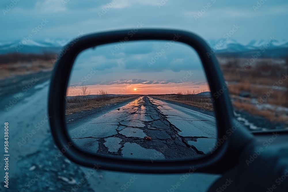 The image captures a rugged, cracked road during sunset, reflected in a car's side view mirror, portraying an adventurous journey through a picturesque, remote landscape. The image captures a rugged, cracked road during sunset, reflected in a car's side view mirror, portraying an adventurous journey through a picturesque, remote landscape.