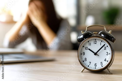 Alarm Clock on Desk with Stressed Person in Background