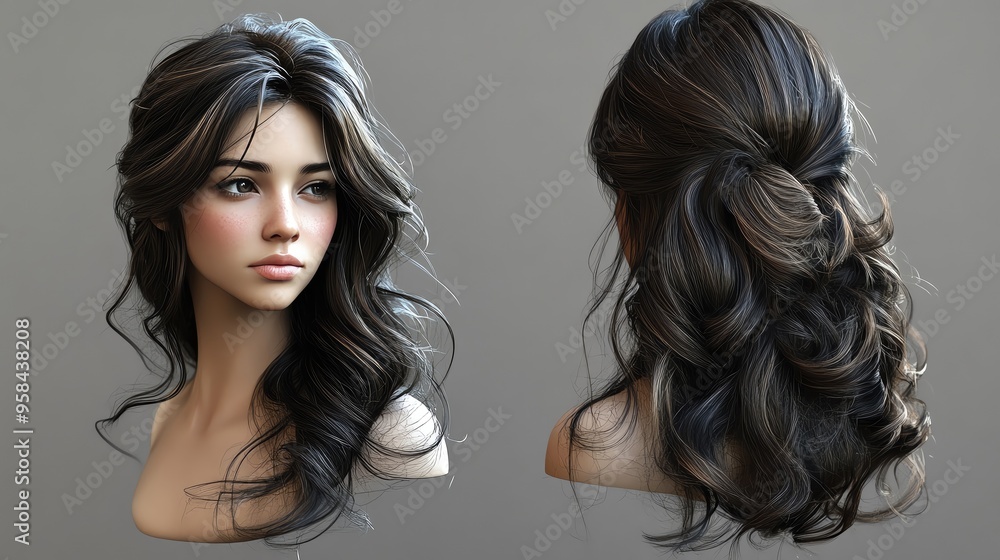 Stylish portrait showcasing elegant wavy hair with highlights, perfect for beauty and hairstyle inspiration. Stylish portrait showcasing elegant wavy hair with highlights, perfect for beauty and hairstyle inspiration.