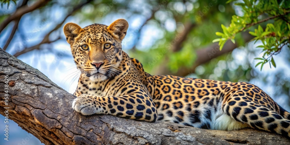 Leopard resting on a tree in the wild, leopard, tree, wildlife, wild animal, predator, nature Leopard resting on a tree in the wild, leopard, tree, wildlife, wild animal, predator, nature