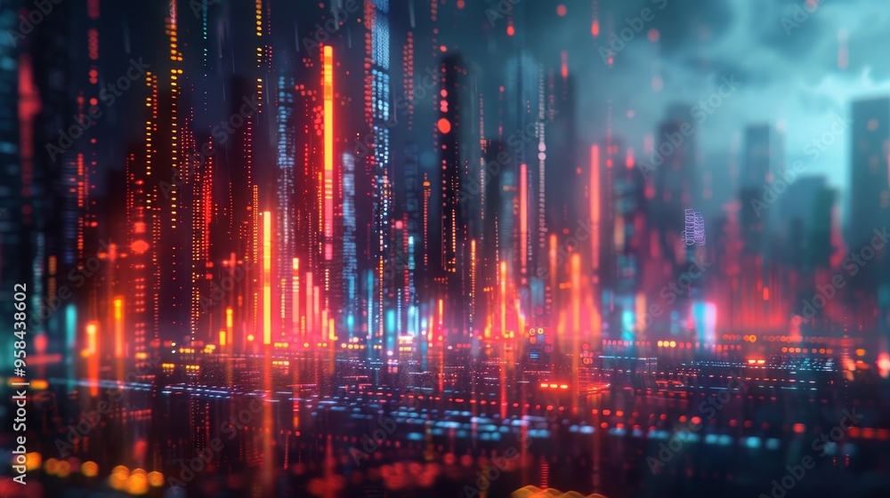 A futuristic city skyline with vibrant neon lights illuminating towering structures. The cityscape creates a sense of wonder and excitement. A futuristic city skyline with vibrant neon lights illuminating towering structures. The cityscape creates a sense of wonder and excitement.