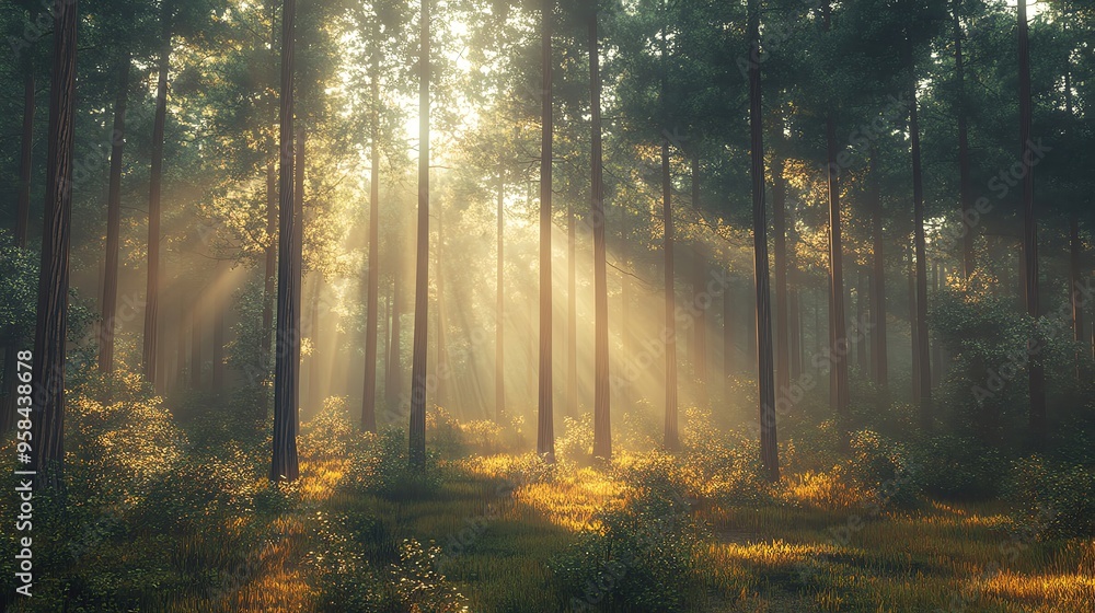 Obraz premium Sunlight filters through tall trees in a serene forest, creating enchanting patterns on the ground with soft golden hues.