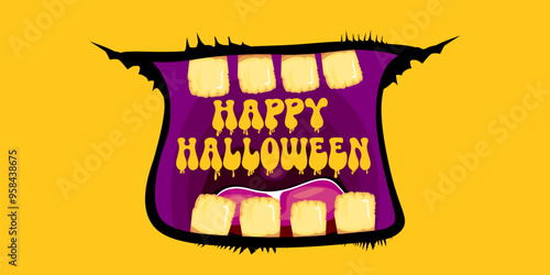 Vector Happy halloween cartoon greeting card with funny zombie monster open mouth with rotten teeth isolated on orange background. Vector Halloween poster and flyer with funny orange monster mouth.