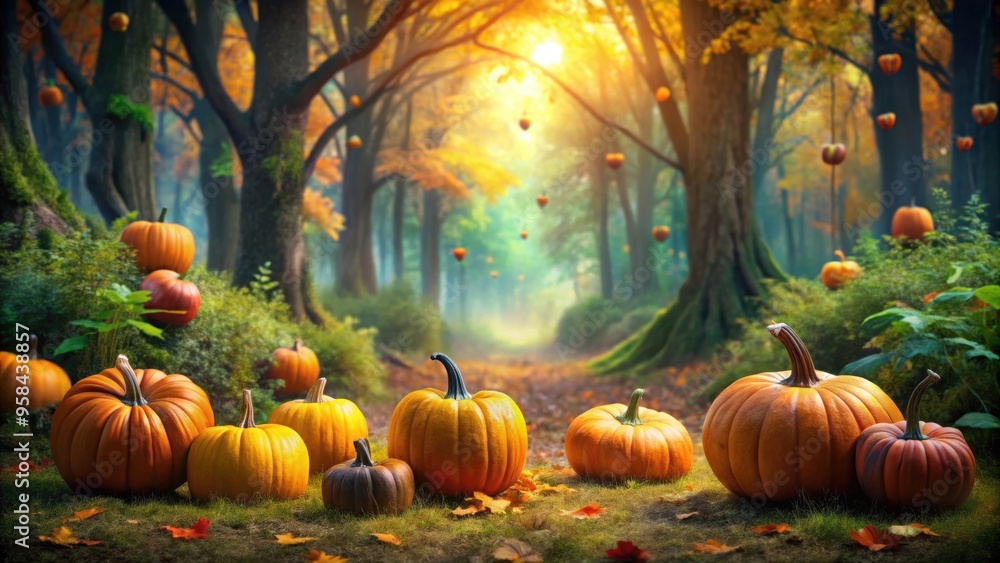 Colorful pumpkin patch oasis nestled in enchanted woods, mystical, retreat, vibrant, colorful, pumpkins, autumn, harvest Colorful pumpkin patch oasis nestled in enchanted woods, mystical, retreat, vibrant, colorful, pumpkins, autumn, harvest