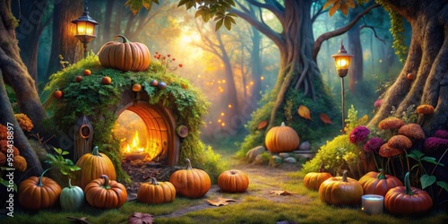 Colorful oasis of mystical pumpkin retreat in enchanted woods, pumpkin, mystical, retreat, colorful, oasis, enchanted, woods
