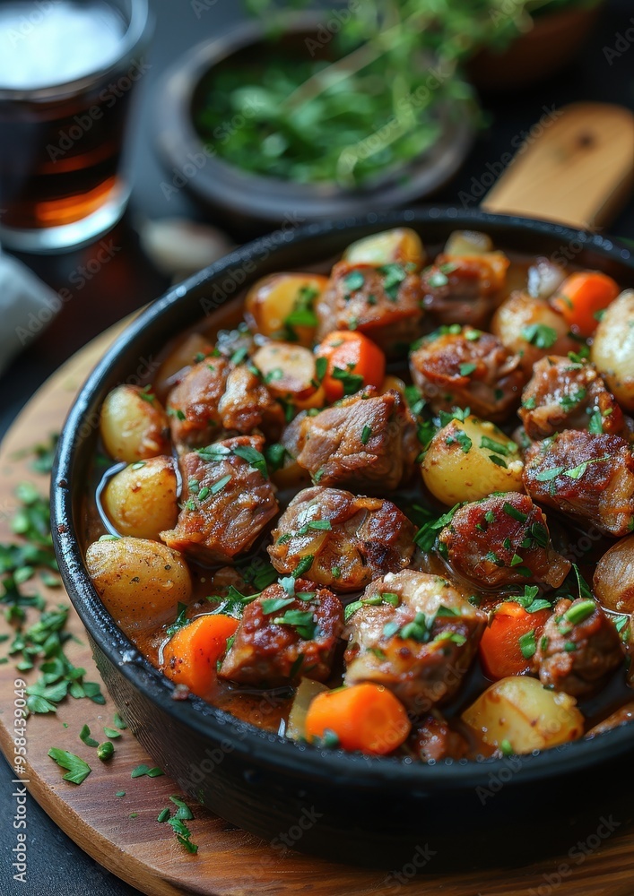 Navarin d'Agneau A hearty Navarin d'Agneau (lamb stew) with tender pieces of lamb, carrots, and potatoes in a rich broth Navarin d'Agneau A hearty Navarin d'Agneau (lamb stew) with tender pieces of lamb, carrots, and potatoes in a rich broth