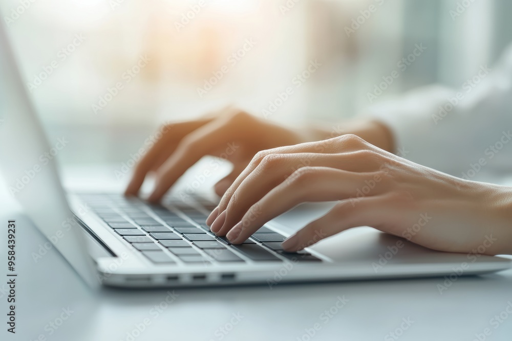 Hands typing on laptop, with white blurred office background. Copy space for text Hands typing on laptop, with white blurred office background. Copy space for text