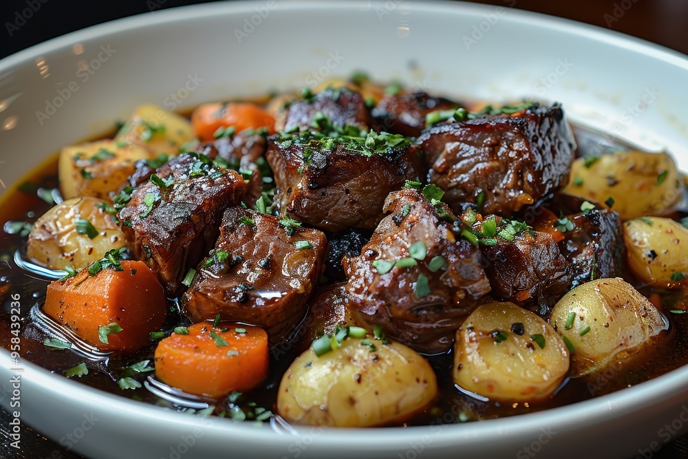 Navarin d'Agneau A hearty Navarin d'Agneau (lamb stew) with tender pieces of lamb, carrots, and potatoes in a rich broth Navarin d'Agneau A hearty Navarin d'Agneau (lamb stew) with tender pieces of lamb, carrots, and potatoes in a rich broth