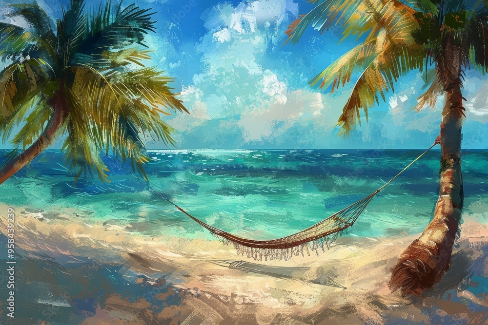 Fototapeta premium A hammock sways gently between two palm trees on a pristine beach, overlooking a turquoise ocean and a bright blue sky.