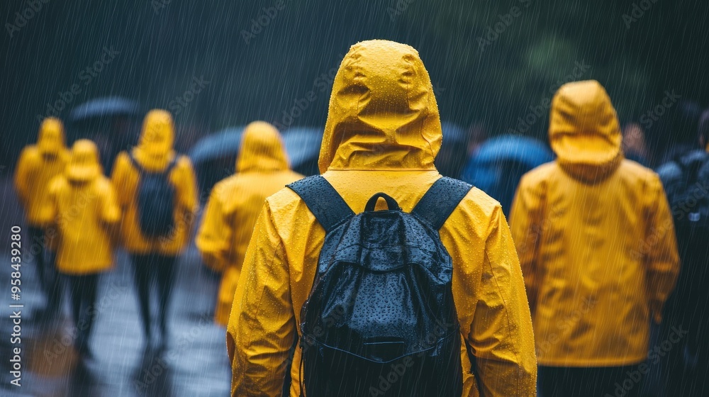 Group of people in yellow raincoats walking in the rain, viewed from behind, highlighting a rainy day outing. Group of people in yellow raincoats walking in the rain, viewed from behind, highlighting a rainy day outing.