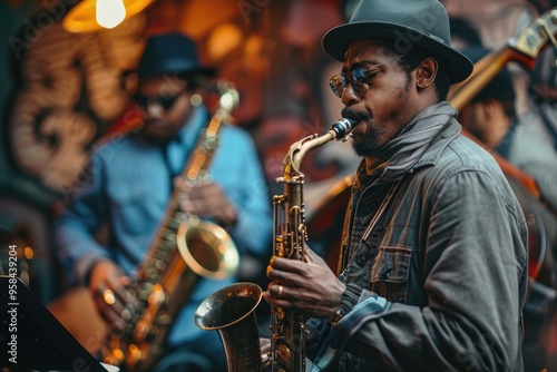 Jazz Musicians Performing Live in an Intimate Urban Setting with Saxophones