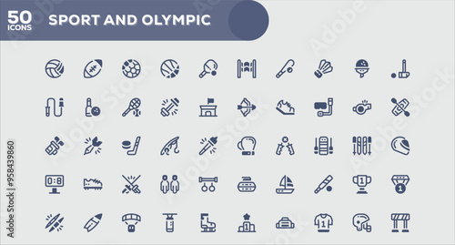 Set of 50 outline icons related to Sport and Olympic. Linear icon collection. Editable stroke. Vector illustration