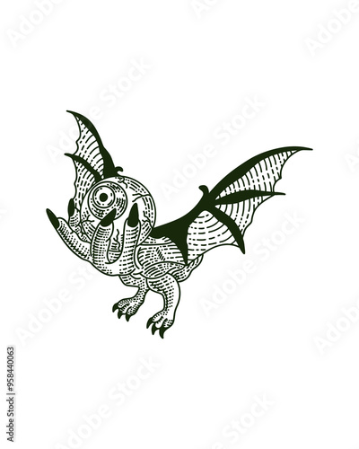The dark engraving features a grotesque hand with leathery wings. A luminous eye pierces the darkness.
