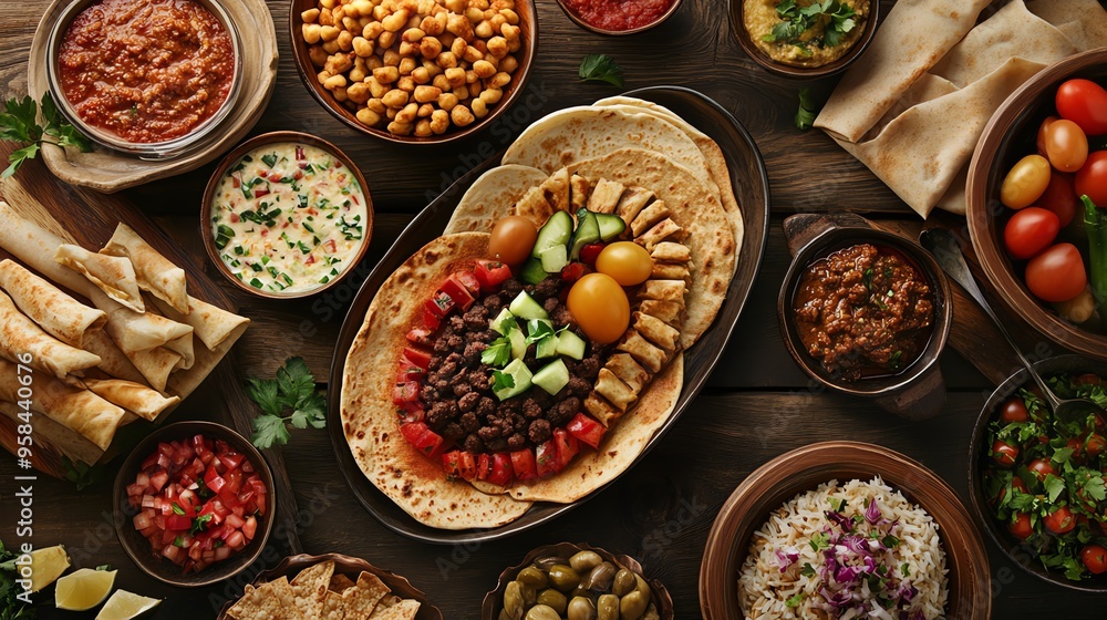 Middle Eastern Feast with Pita Bread, Meat, and Various Sides Middle Eastern Feast with Pita Bread, Meat, and Various Sides
