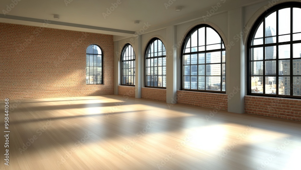Large Empty Room with Brick Walls and Tall Arched Windows Overlooking City Skyline Large Empty Room with Brick Walls and Tall Arched Windows Overlooking City Skyline