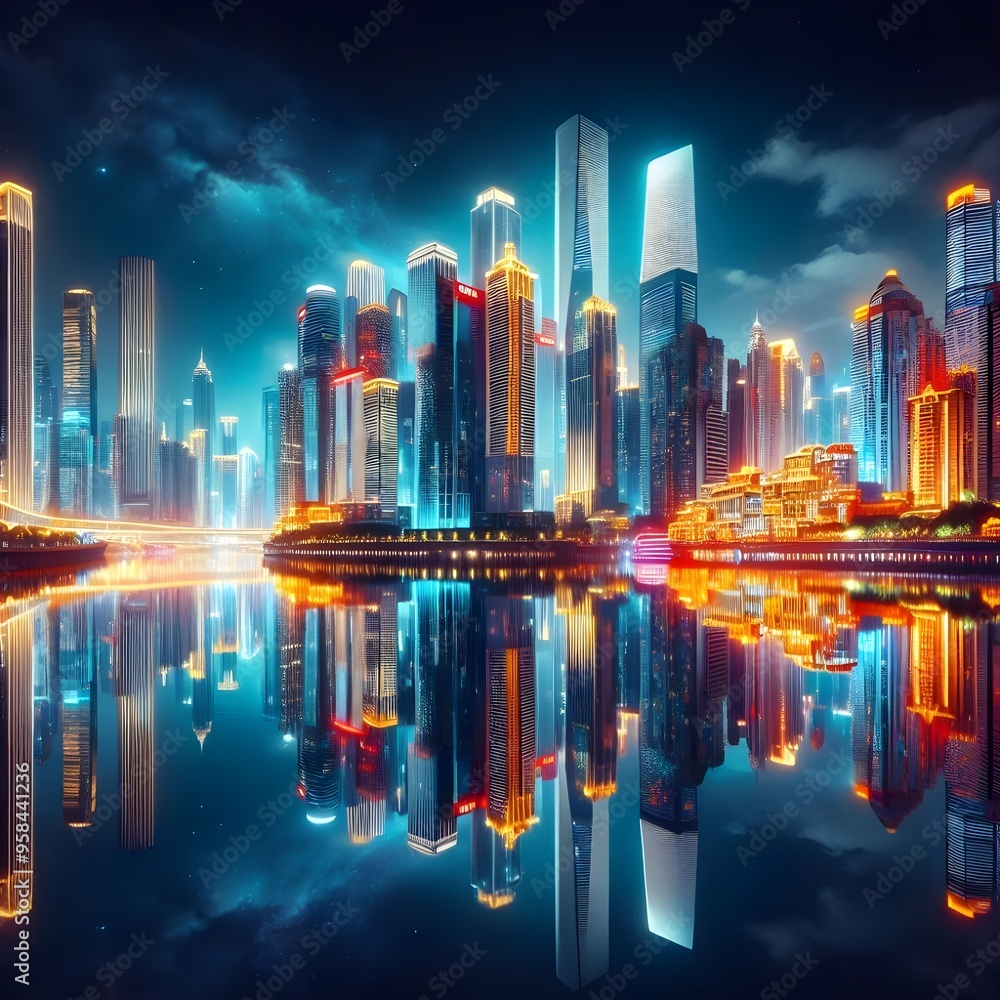Obraz premium Modern City Skyline at Night with Reflections