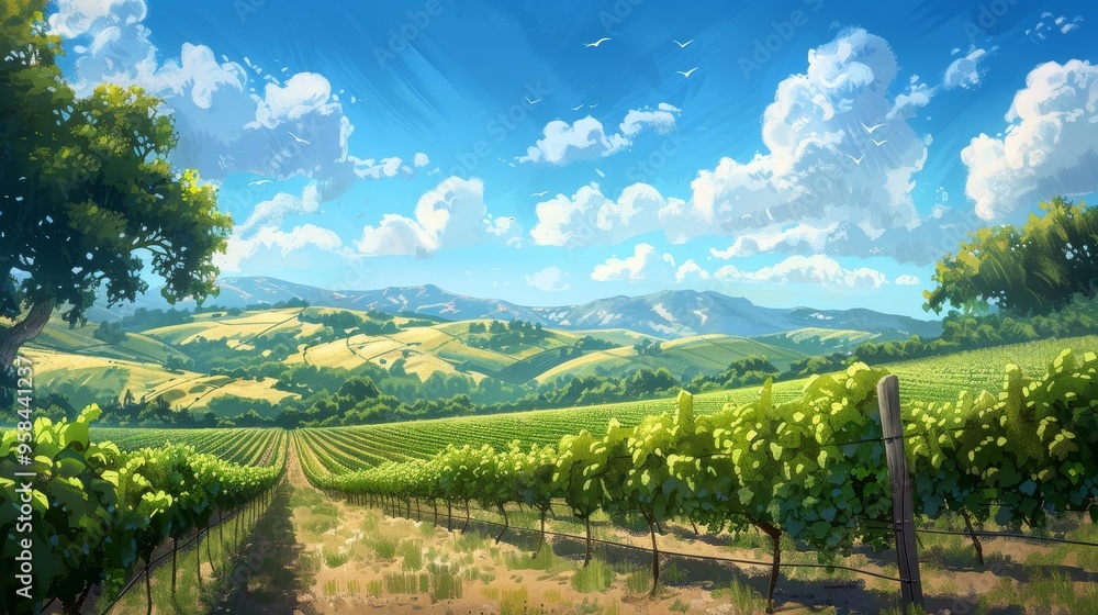 Naklejka premium A picturesque vineyard stretches across rolling hills under a bright blue sky with fluffy clouds.