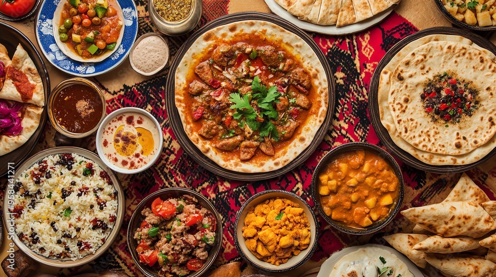 A Table Spread of Middle Eastern Dishes with Naan Bread and Rice A Table Spread of Middle Eastern Dishes with Naan Bread and Rice