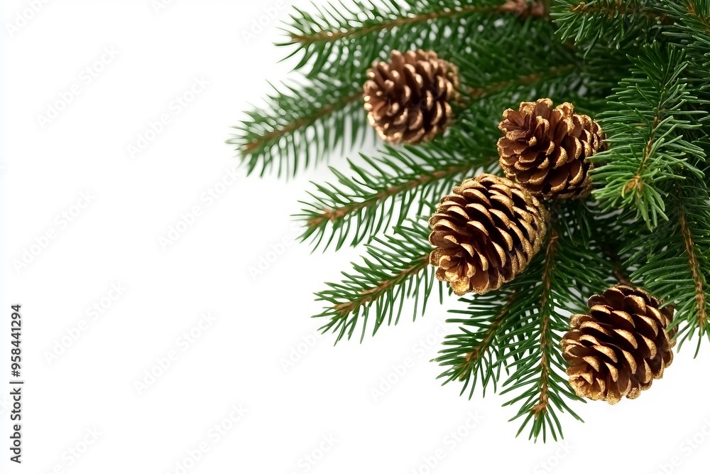 Christmas tree branch and golden cones isolated on white transparent, Xmas spruce, green fir pine twig Christmas tree branch and golden cones isolated on white transparent, Xmas spruce, green fir pine twig