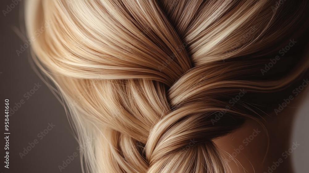 A close-up of a stylish fishtail braid on long, blonde hair A close-up of a stylish fishtail braid on long, blonde hair