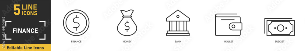 Finance and Money line icon set. Set of 5 outline icons related to money, bank, profit, finance, payment, wallet and more. Vector illustration. Finance and Money line icon set. Set of 5 outline icons related to money, bank, profit, finance, payment, wallet and more. Vector illustration.