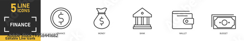 Finance and Money line icon set. Set of 5 outline icons related to money, bank, profit, finance, payment, wallet and more. Vector illustration.