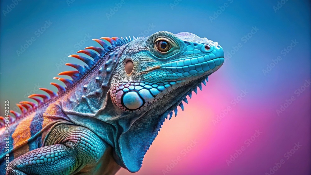 Fototapeta premium Exotic iguana lizard in fluorescent blue colors on a pastel gradient background, exotic, iguana, lizard, fluorescent