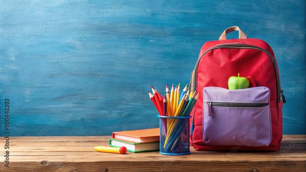 Back to school concept with school supplies and backpack on a desk, books, notebooks, pencils, pens, ruler Back to school concept with school supplies and backpack on a desk, books, notebooks, pencils, pens, ruler