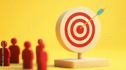 A wooden target with an arrow hitting the center, symbolizing success and goal achievement in a vibrant yellow background. photo