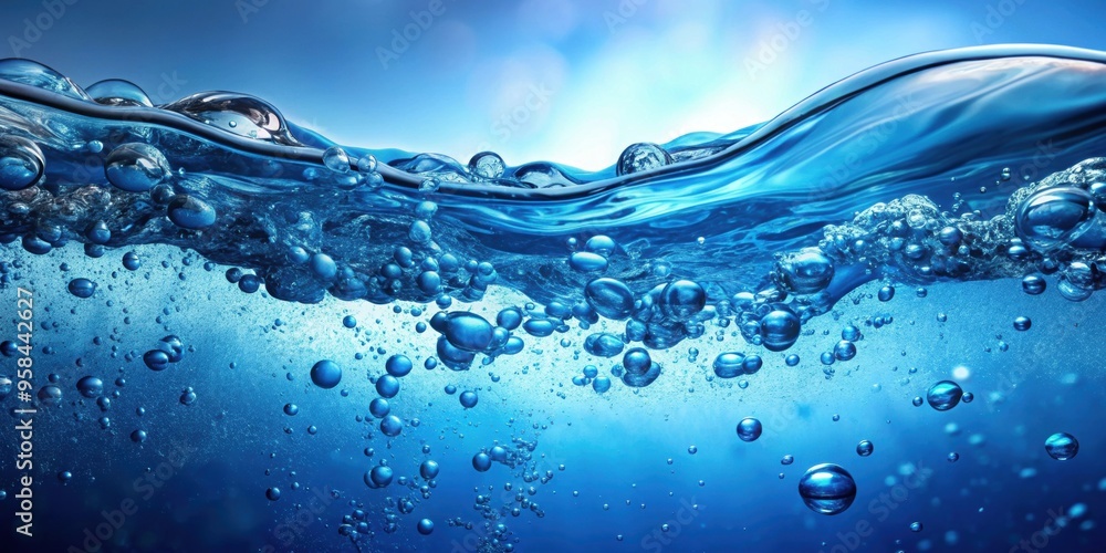 Abstract blue water with air bubbles, tranquil aquatic background, water, surface, bubbles, blue, abstract, background Abstract blue water with air bubbles, tranquil aquatic background, water, surface, bubbles, blue, abstract, background