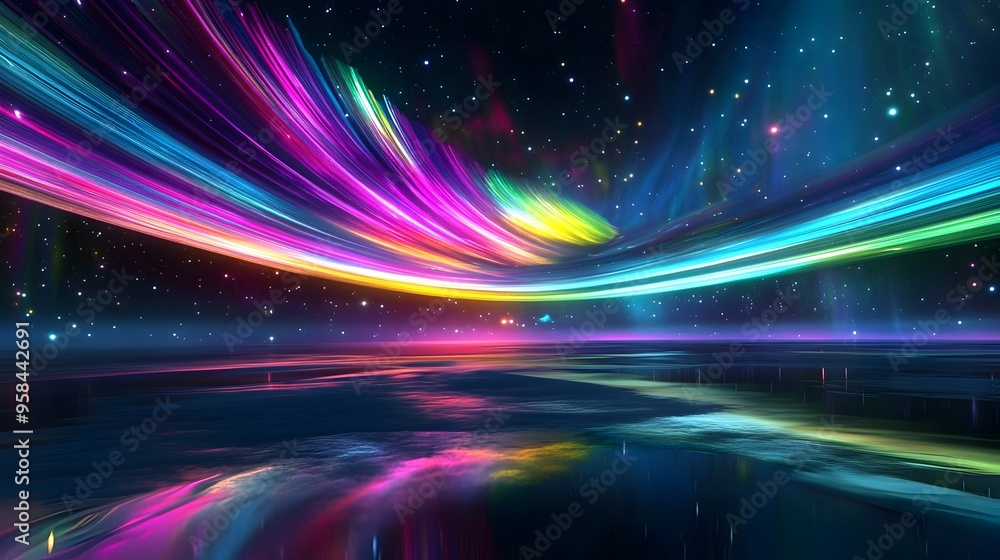 Captivating Celestial Landscape with Vibrant Aurora Borealis Reflection Captivating Celestial Landscape with Vibrant Aurora Borealis Reflection