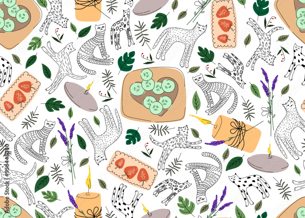 Seamless Scandinavian pattern with drawn cats, candles and spa elements. Vector illustration to create a background for content in the hygge style. Seamless Scandinavian pattern with drawn cats, candles and spa elements. Vector illustration to create a background for content in the hygge style.