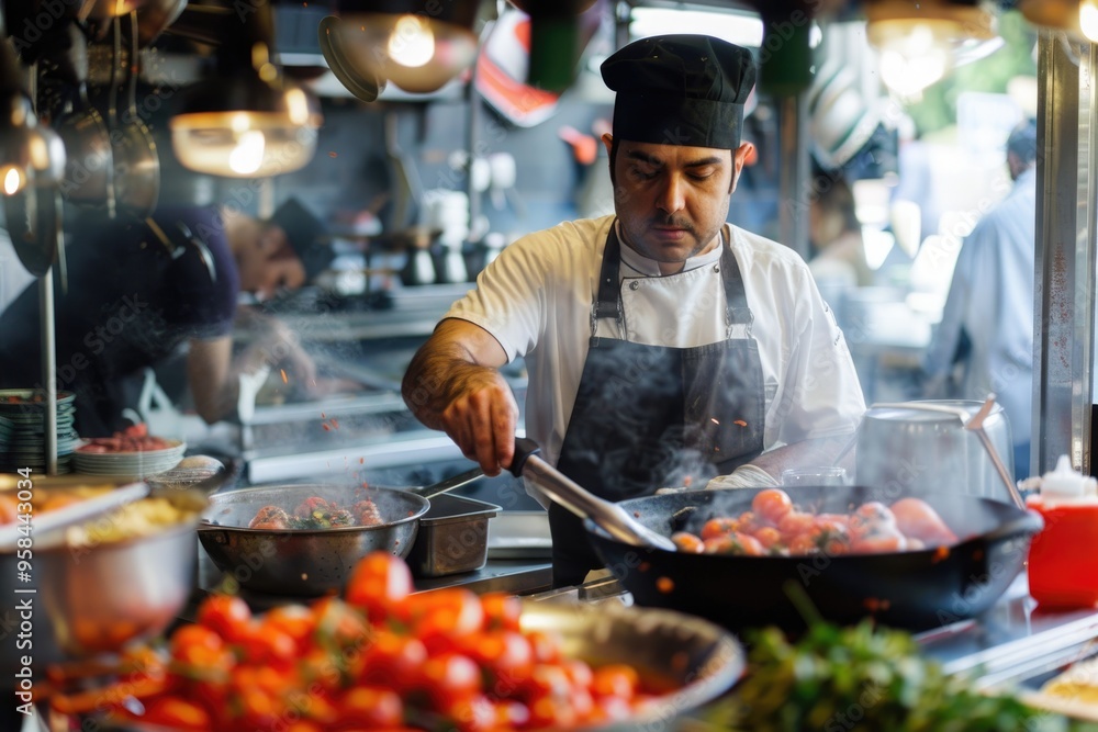 Chef Cooking at Street Food Market Stall in Outdoor Festival Chef Cooking at Street Food Market Stall in Outdoor Festival