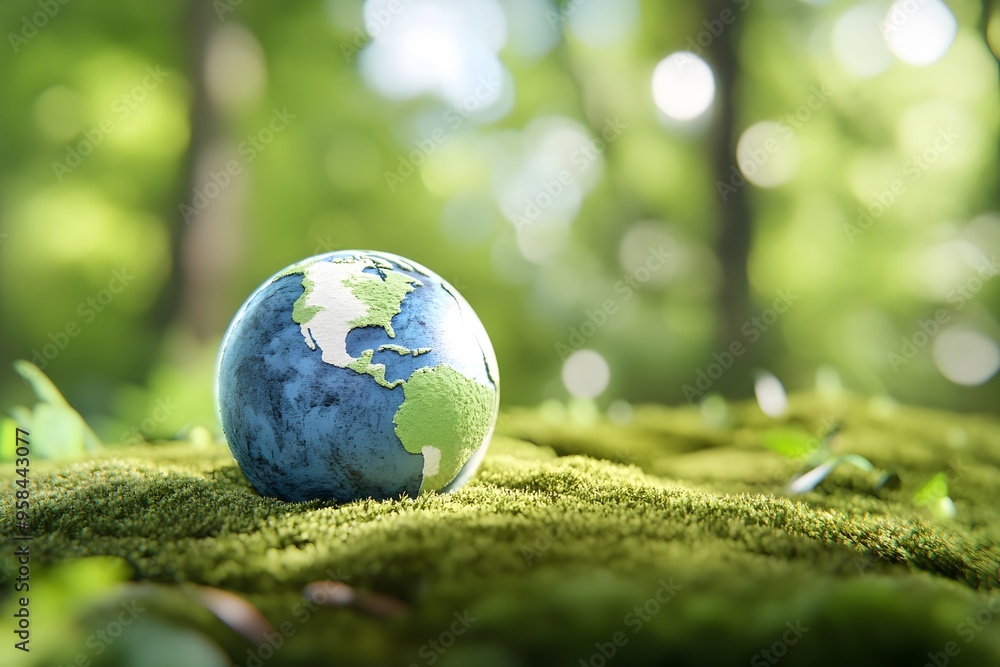 3D render of an Earth globe on moss in a forest 3D render of an Earth globe on moss in a forest