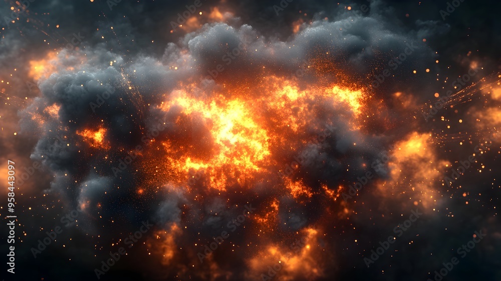 Massive Fiery Explosion with Dramatic Flames and Billowing Smoke in Dark Sky Massive Fiery Explosion with Dramatic Flames and Billowing Smoke in Dark Sky