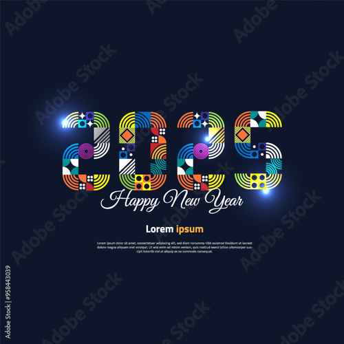2025 Happ New Year graphic design. Abstract geometric colorful number on blue background