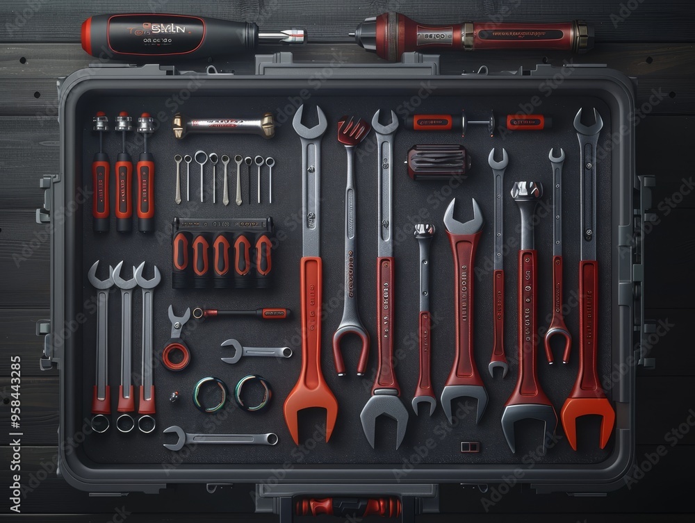 A toolbox full of various tools, including wrenches, screwdrivers, and other miscellaneous items, against a dark wood backdrop. A toolbox full of various tools, including wrenches, screwdrivers, and other miscellaneous items, against a dark wood backdrop.
