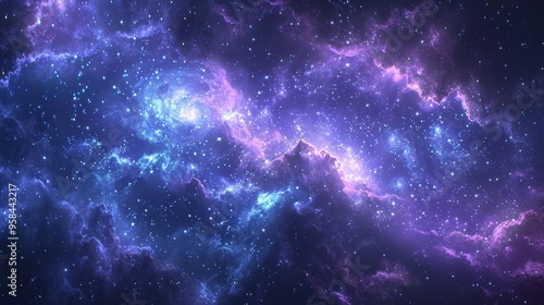 A swirling nebula of blue and purple gas and dust fills the vast expanse of space.  A beautiful, abstract image of the cosmos.