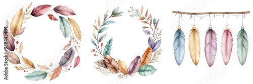 Beautiful watercolor wreaths and feathers with vibrant colors, perfect for creative projects and nature-inspired designs.