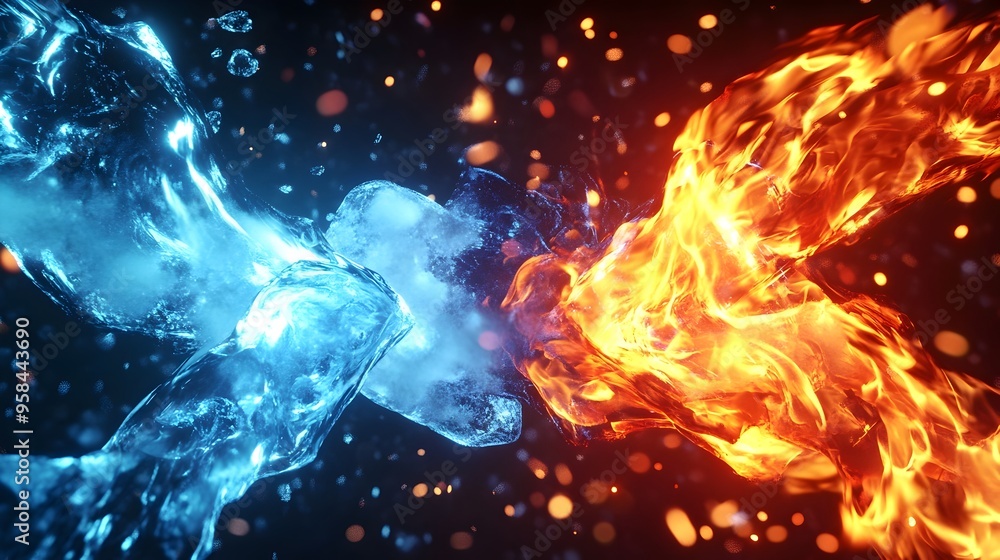Dramatic Collision of Fire and Ice Elements Unleashing Intense Energy Dramatic Collision of Fire and Ice Elements Unleashing Intense Energy