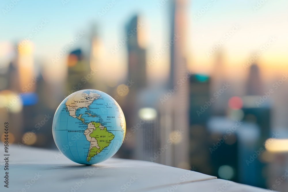 Tiny Earth globe sitting on the edge of an urban rooftop, overlooking the city skyline at sunrise Tiny Earth globe sitting on the edge of an urban rooftop, overlooking the city skyline at sunrise
