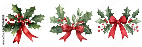 Beautifully arranged holly decorations with red ribbons, perfect for festive holiday designs and seasonal celebrations.
