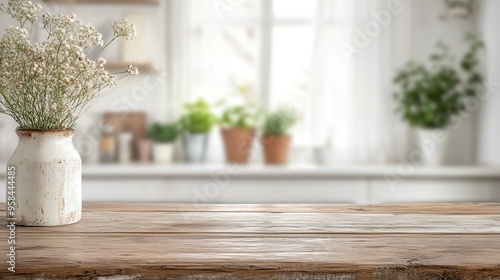 A cozy kitchen interior featuring a rustic wooden table, flowers in a vase, and potted plants on the windowsill.