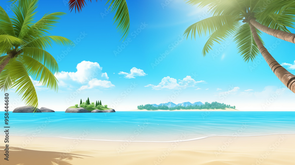 Sunlit Palm Tree Beach With Clear Ocean And Island Horizon Sunlit Palm Tree Beach With Clear Ocean And Island Horizon