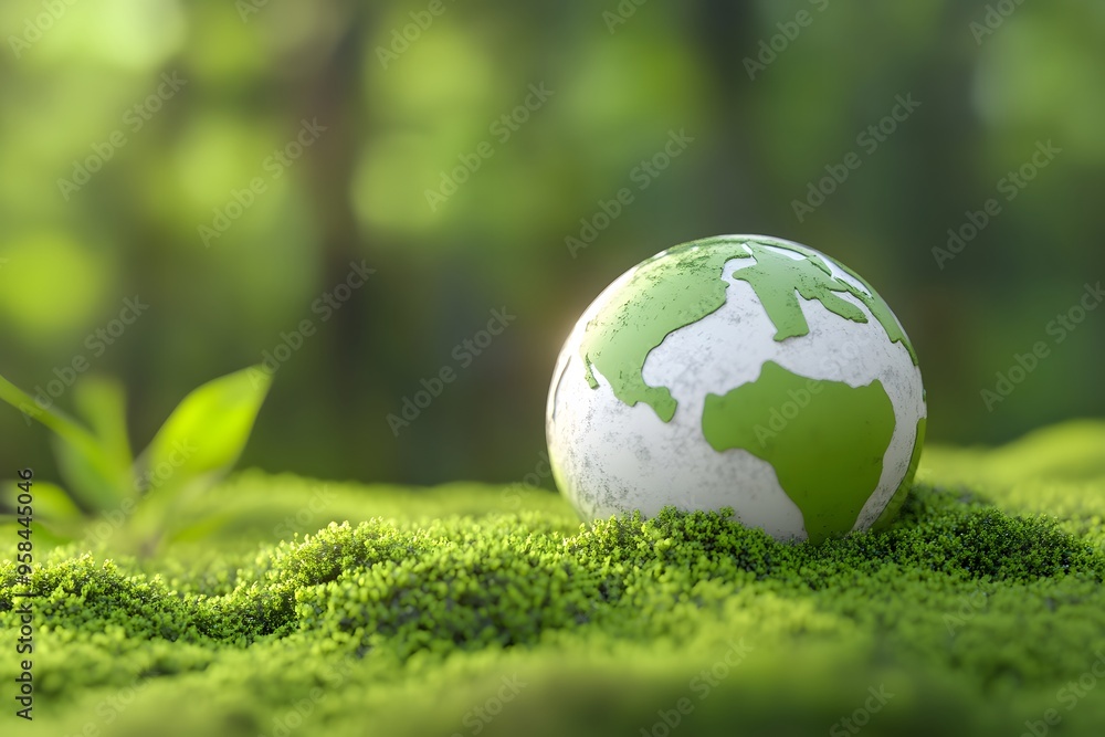 3D render of an Earth globe on moss in a forest 3D render of an Earth globe on moss in a forest
