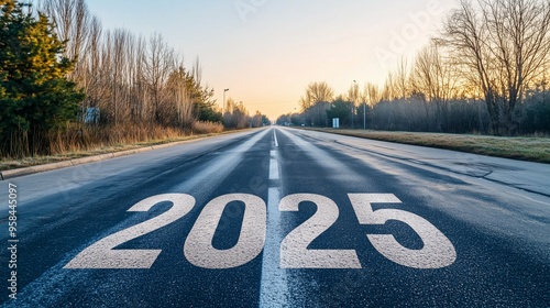 A quiet empty street with 2025 painted on the asphalt, the numbers stretching towards the horizon, representing the path to new goals, with a clear sky overhead