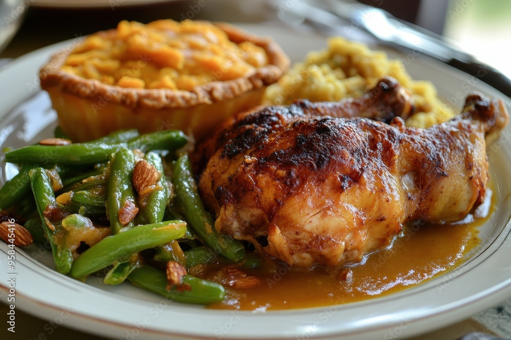 A plate featuring roasted chicken, green beans, corn casserole, and rice. A plate featuring roasted chicken, green beans, corn casserole, and rice.