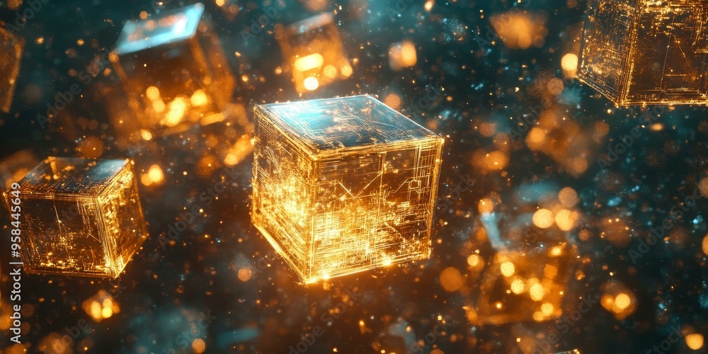Golden glowing cubes in a dark background. Golden glowing cubes in a dark background.