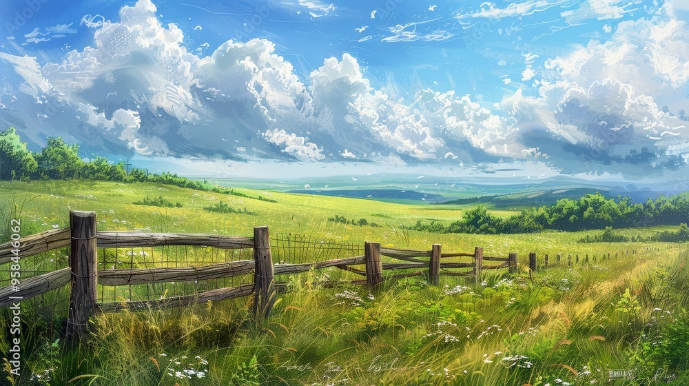 A wooden fence stretches across a field of tall grass, with rolling hills and fluffy white clouds in the background. A wooden fence stretches across a field of tall grass, with rolling hills and fluffy white clouds in the background.